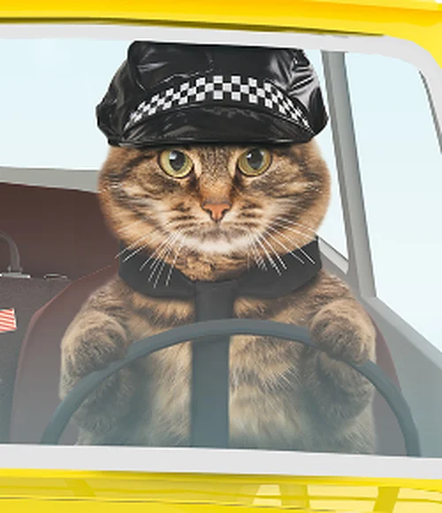 Een kat met een pet aan het stuur van een gele taxi