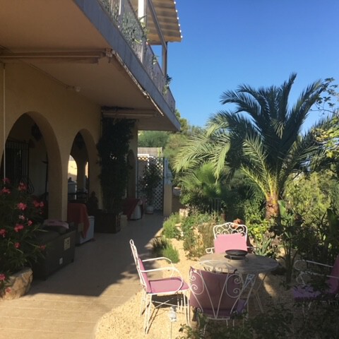 Mediterrane tuin met palmbomen rond het landgoed